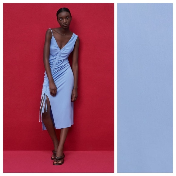 NWT. Zara Blue Midi Dress with Gathering. Size S. - Picture 2 of 12